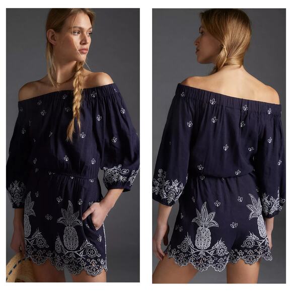 Farm Rio Jackie Embroidered Romper Medium Blue Off Shoulder Pineapple Boho - Picture 1 of 13